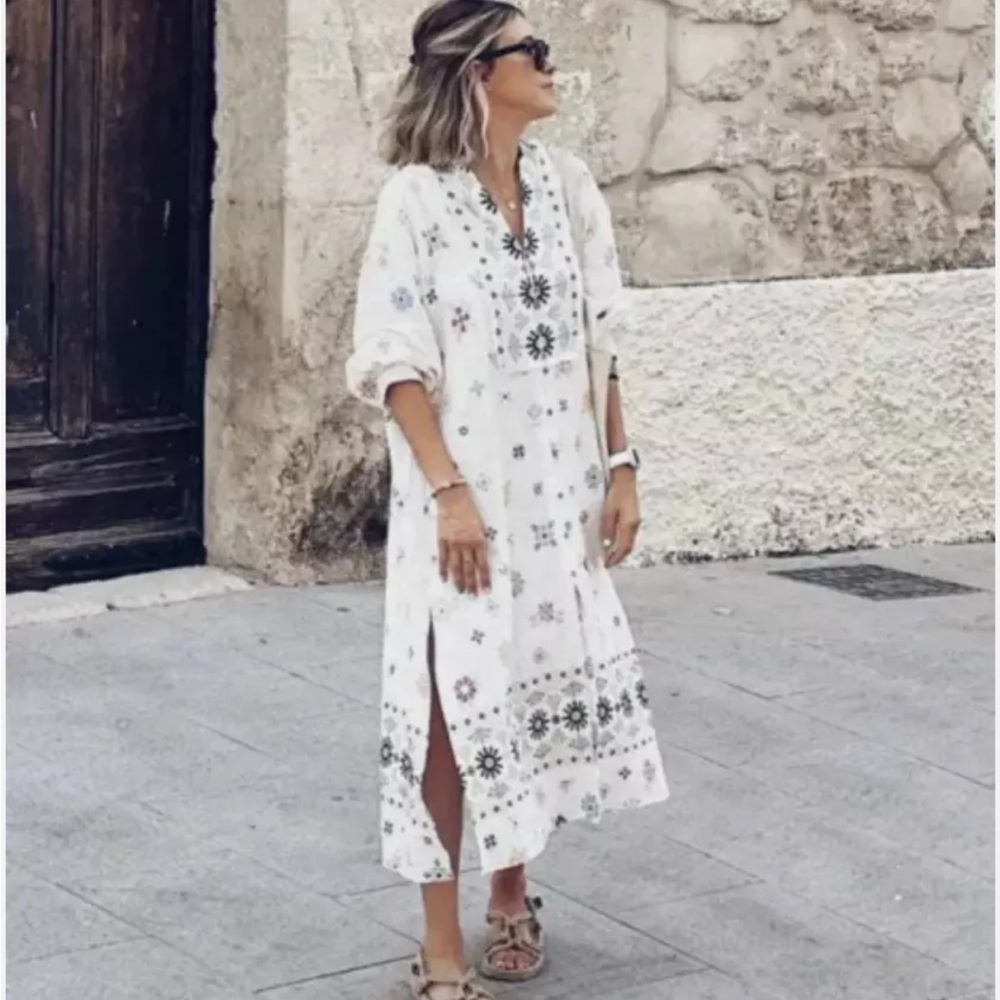 ZARA Oversized Linen Blend Floral Print MIDI  Kaftan Dress White Large - Picture 7 of 13
